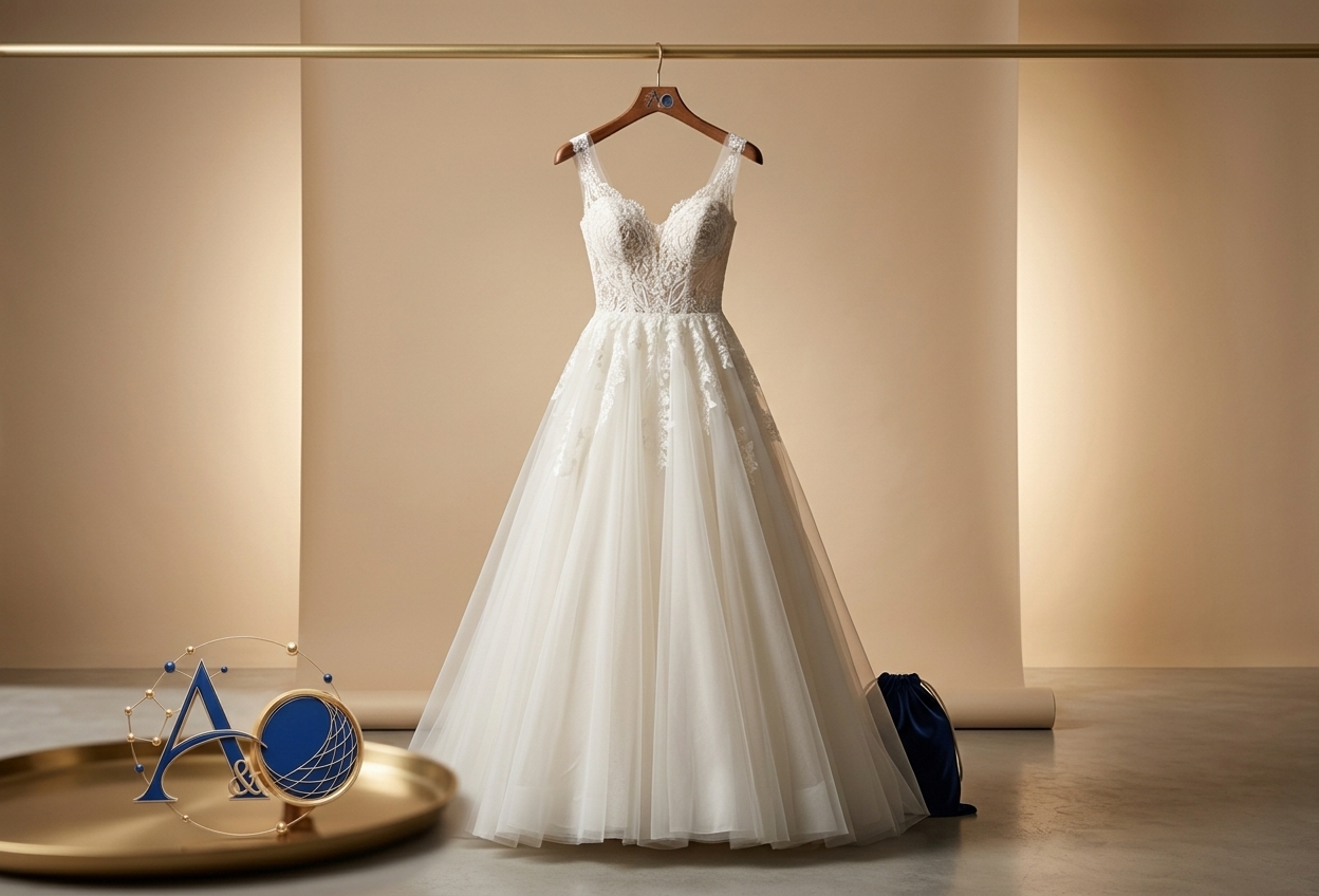 Ivory wedding gown with lace bodice hanging on a brass rail